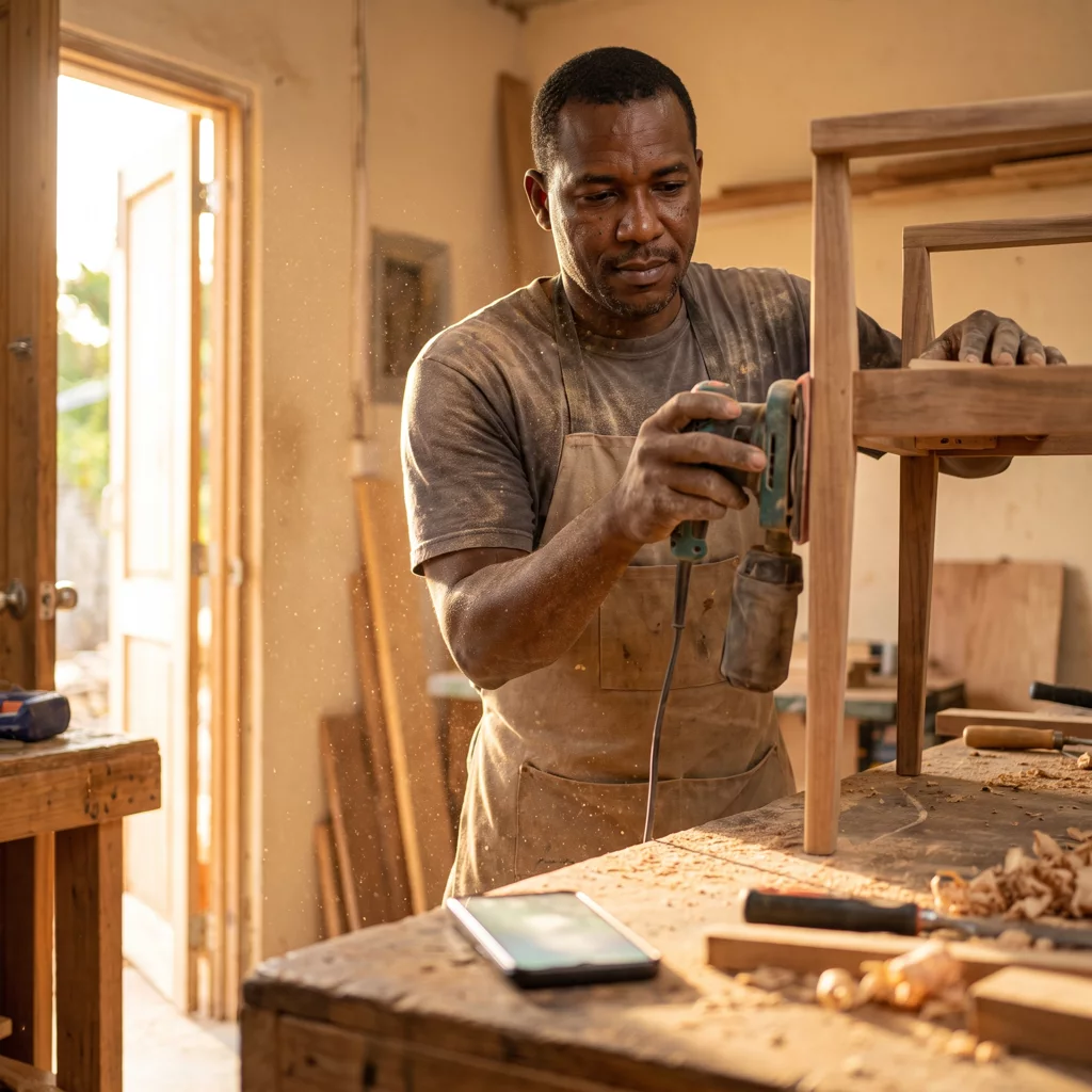 Scène illustrative : un ébéniste ponce une chaise dans son atelier, son téléphone posé sur l'établi.