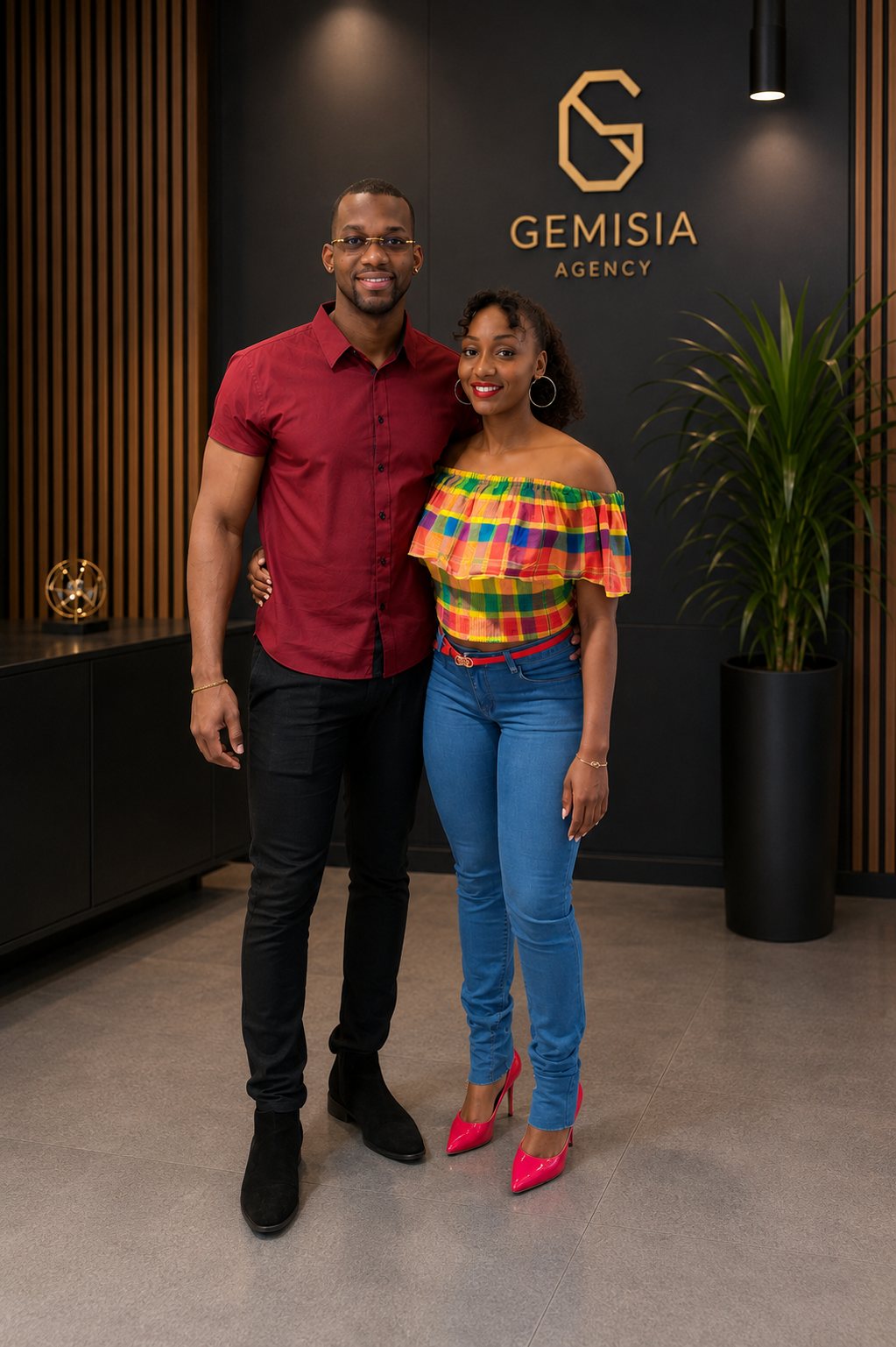 Christopher et Melinda, fondateurs de Gemisia, devant le sceau Gemisia Agency